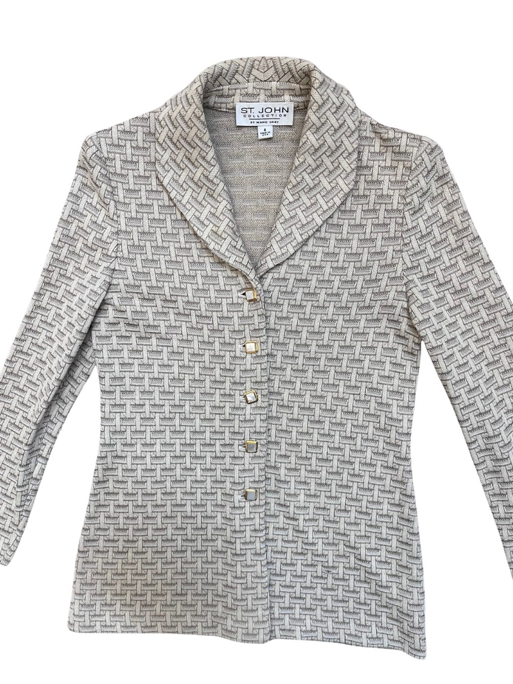 St. John Collection Marie Gray Knit Cardigan Jacket 4 Gold Button Herringbone